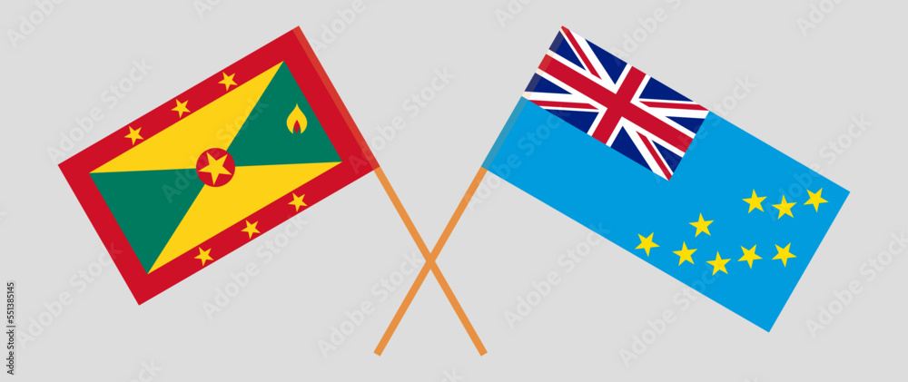 Crossed flags of Grenada and Tuvalu. Official colors. Correct proportion