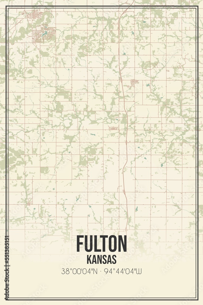 Retro US city map of Fulton, Kansas. Vintage street map.