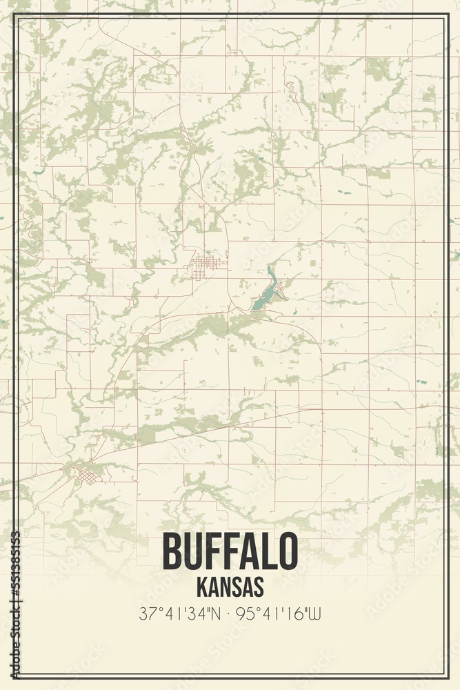 Retro US city map of Buffalo, Kansas. Vintage street map.