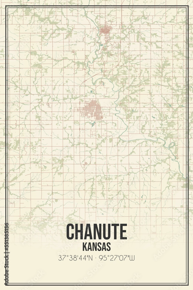 Retro US city map of Chanute, Kansas. Vintage street map.