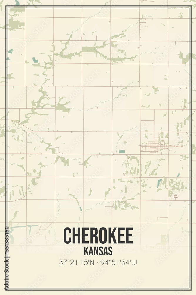 Retro US city map of Cherokee, Kansas. Vintage street map.