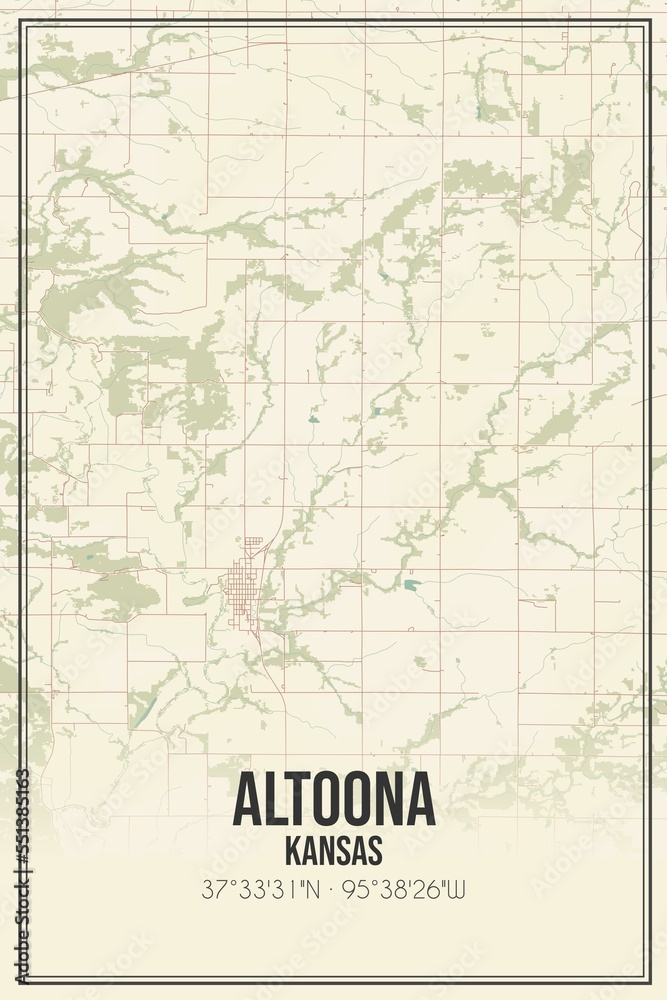 Retro US city map of Altoona, Kansas. Vintage street map.