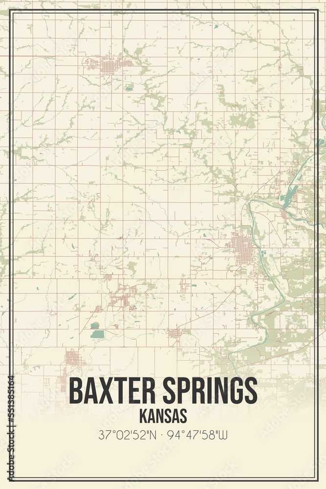 Retro US city map of Baxter Springs, Kansas. Vintage street map.