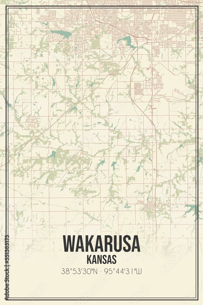Retro US city map of Wakarusa, Kansas. Vintage street map.