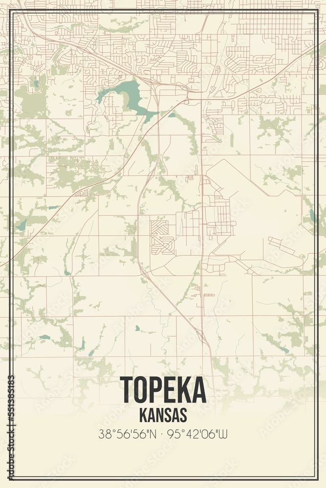 Fototapeta premium Retro US city map of Topeka, Kansas. Vintage street map.