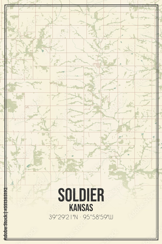 Retro US city map of Soldier, Kansas. Vintage street map.