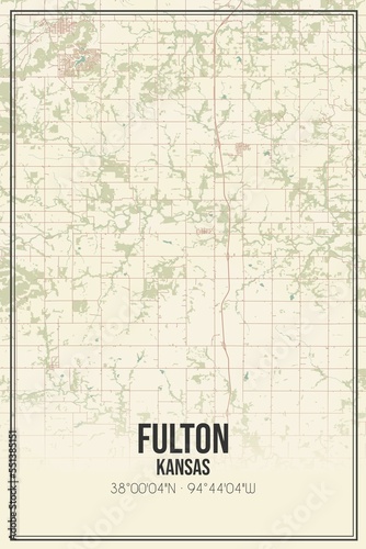 Retro US city map of Fulton, Kansas. Vintage street map. © Rezona