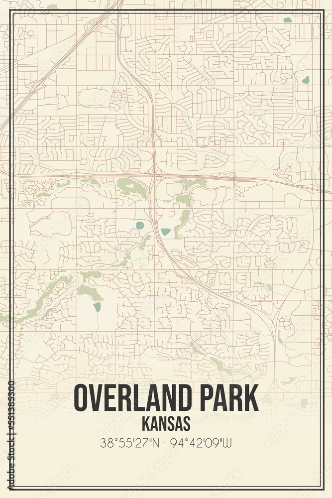 Retro US city map of Overland Park, Kansas. Vintage street map.