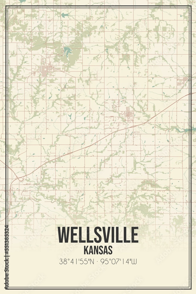Retro US city map of Wellsville, Kansas. Vintage street map.