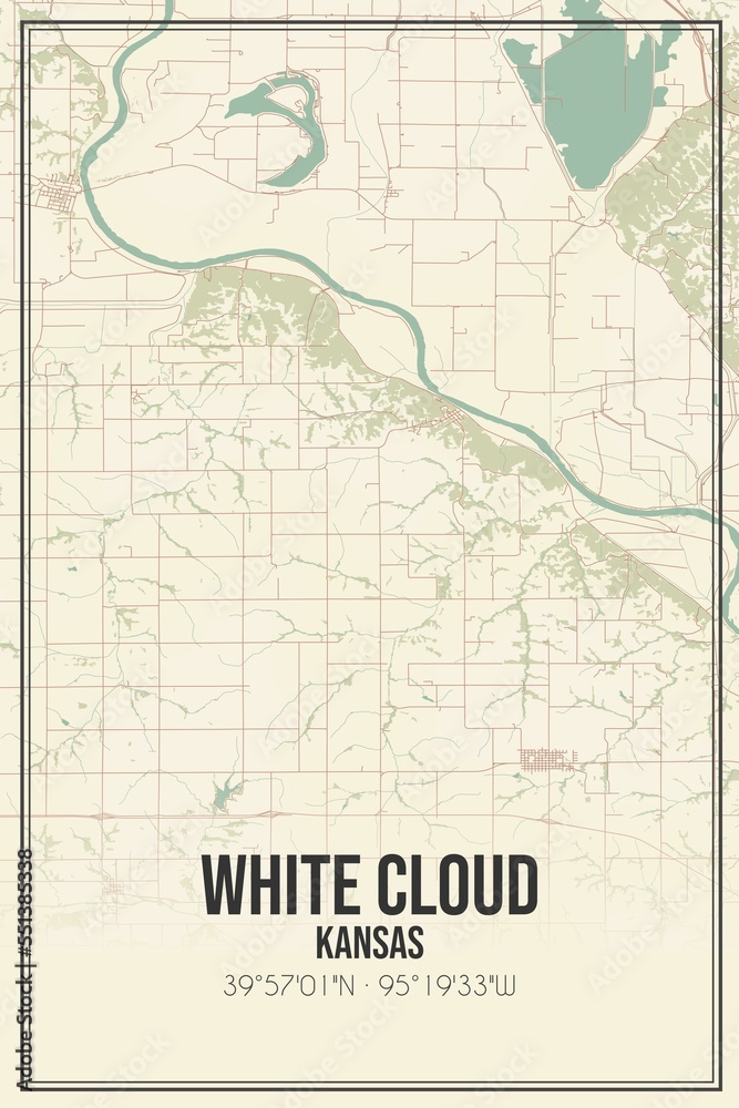 Retro US city map of White Cloud, Kansas. Vintage street map.