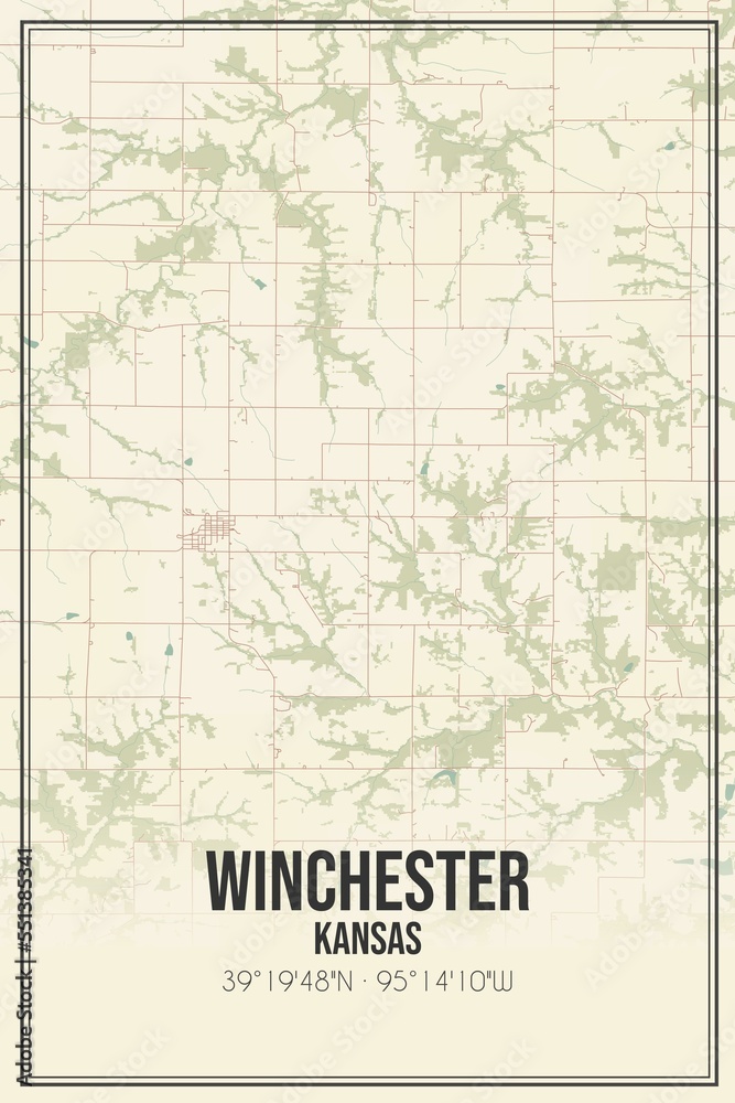 Retro US city map of Winchester, Kansas. Vintage street map.