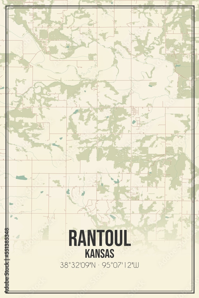 Retro US city map of Rantoul, Kansas. Vintage street map.
