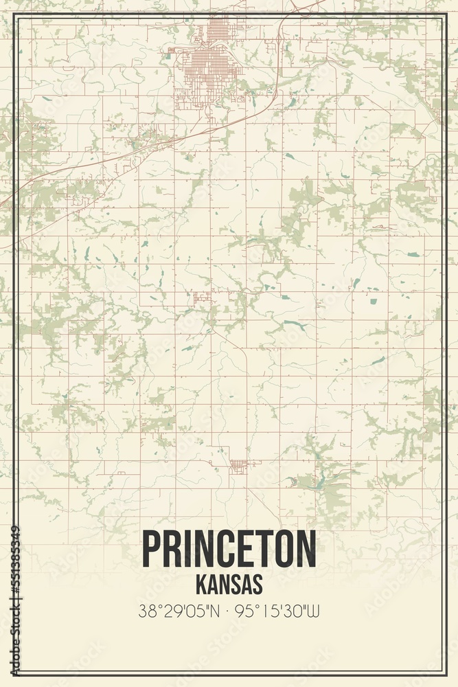 Retro US city map of Princeton, Kansas. Vintage street map.