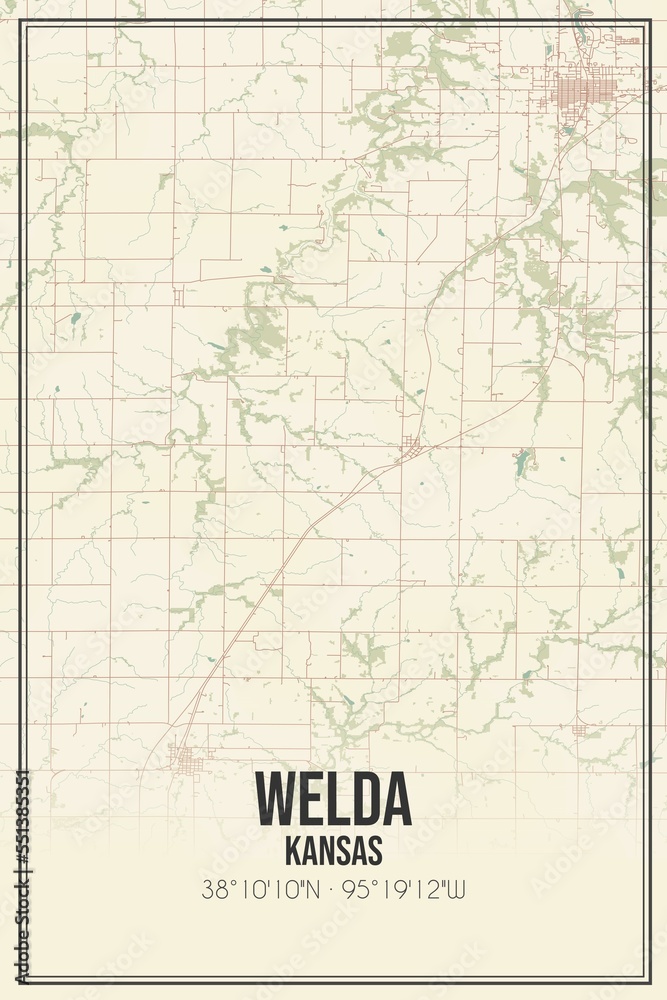 Retro US city map of Welda, Kansas. Vintage street map.