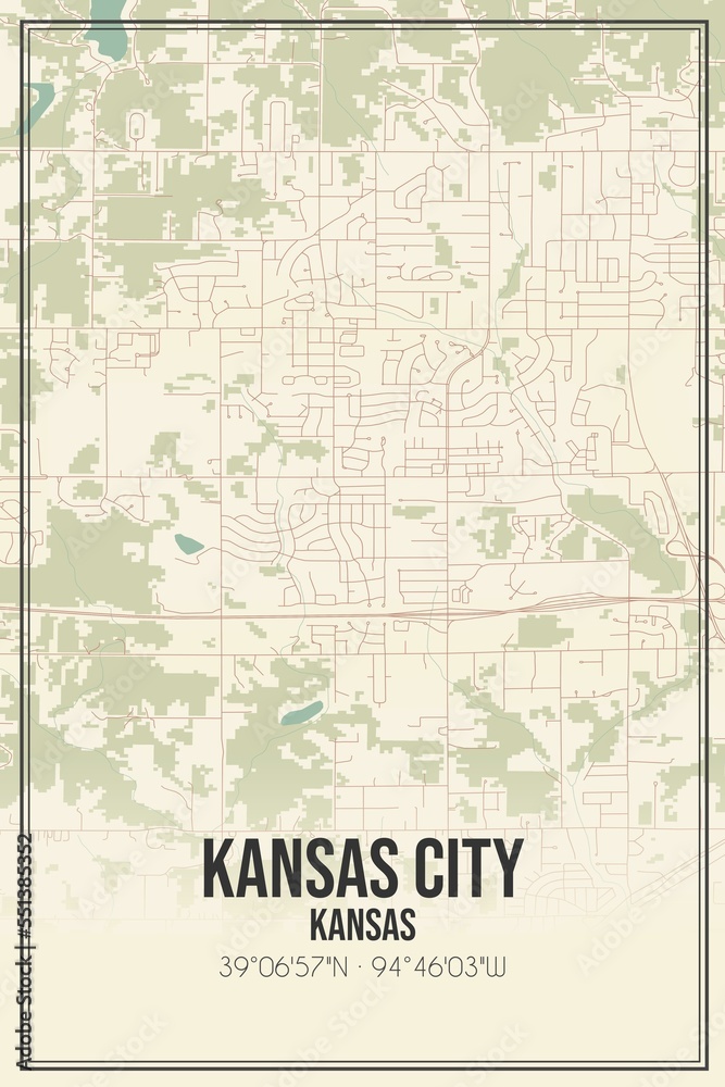 Retro US city map of Kansas City, Kansas. Vintage street map.