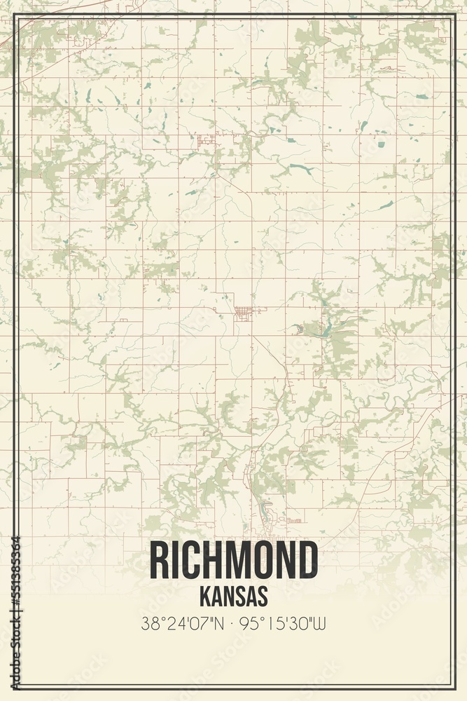 Retro US city map of Richmond, Kansas. Vintage street map.