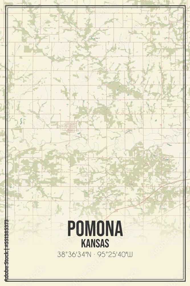 Retro US city map of Pomona, Kansas. Vintage street map.