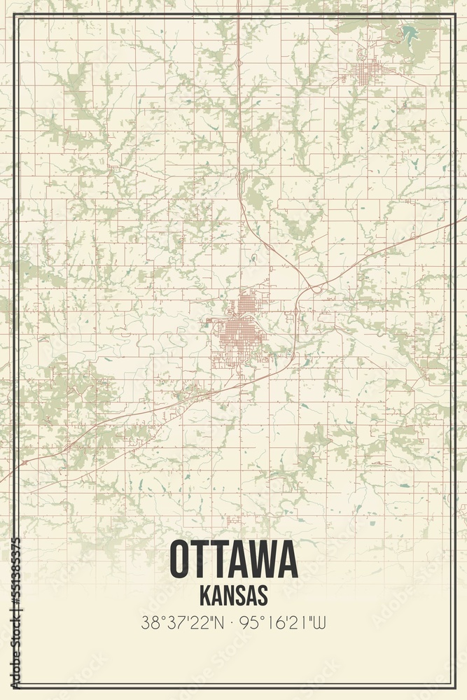 Retro US city map of Ottawa, Kansas. Vintage street map.