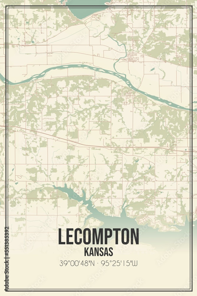 Retro US city map of Lecompton, Kansas. Vintage street map.