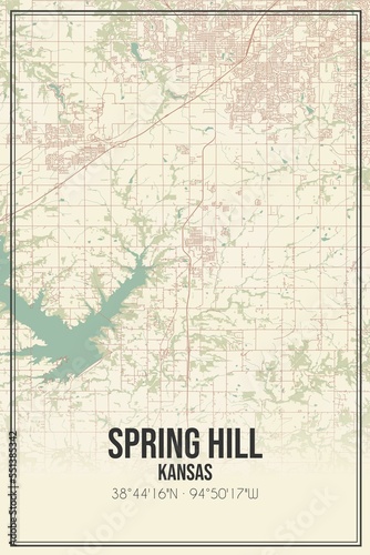Retro US city map of Spring Hill  Kansas. Vintage street map.