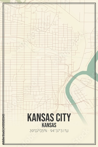 Retro US city map of Kansas City, Kansas. Vintage street map.