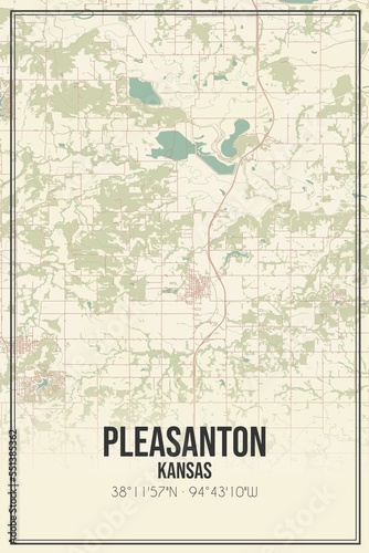 Retro US city map of Pleasanton  Kansas. Vintage street map.