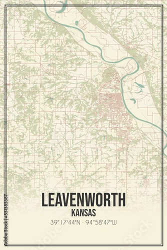 Retro US city map of Leavenworth, Kansas. Vintage street map. © Rezona