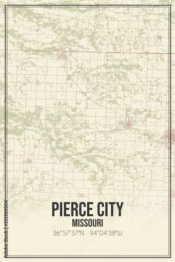 Retro US city map of Pierce City, Missouri. Vintage street map.