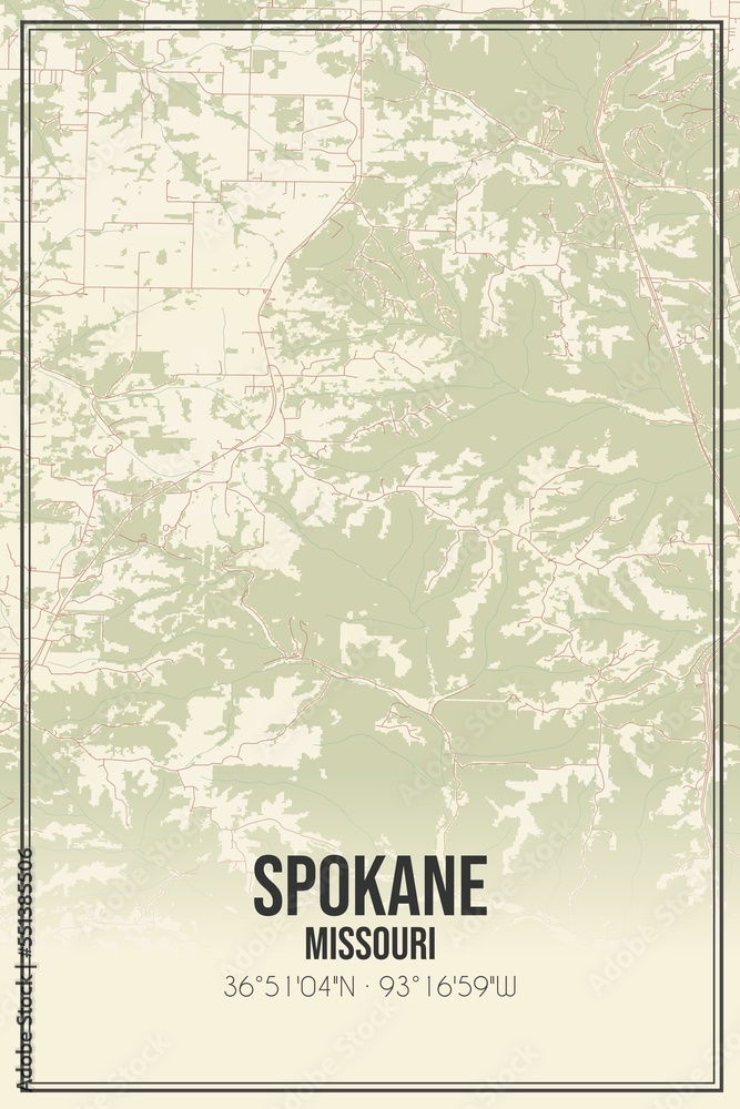 Retro US city map of Spokane, Missouri. Vintage street map.