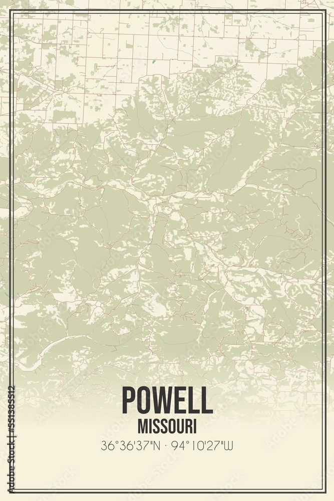 Retro US city map of Powell, Missouri. Vintage street map.