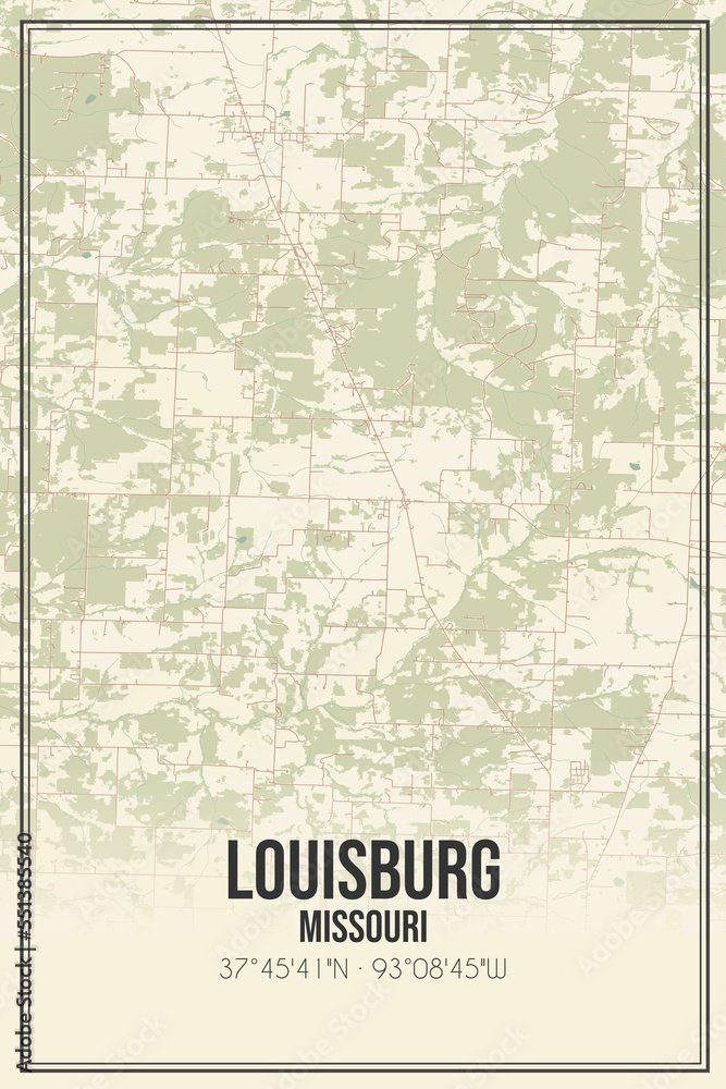 Retro US city map of Louisburg, Missouri. Vintage street map.