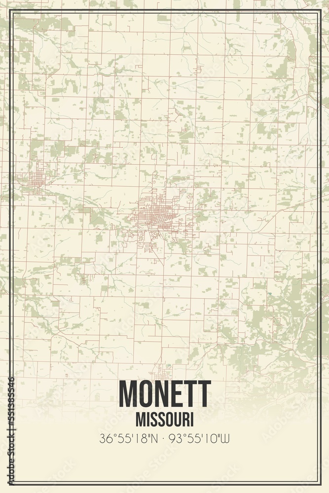Retro US city map of Monett, Missouri. Vintage street map.