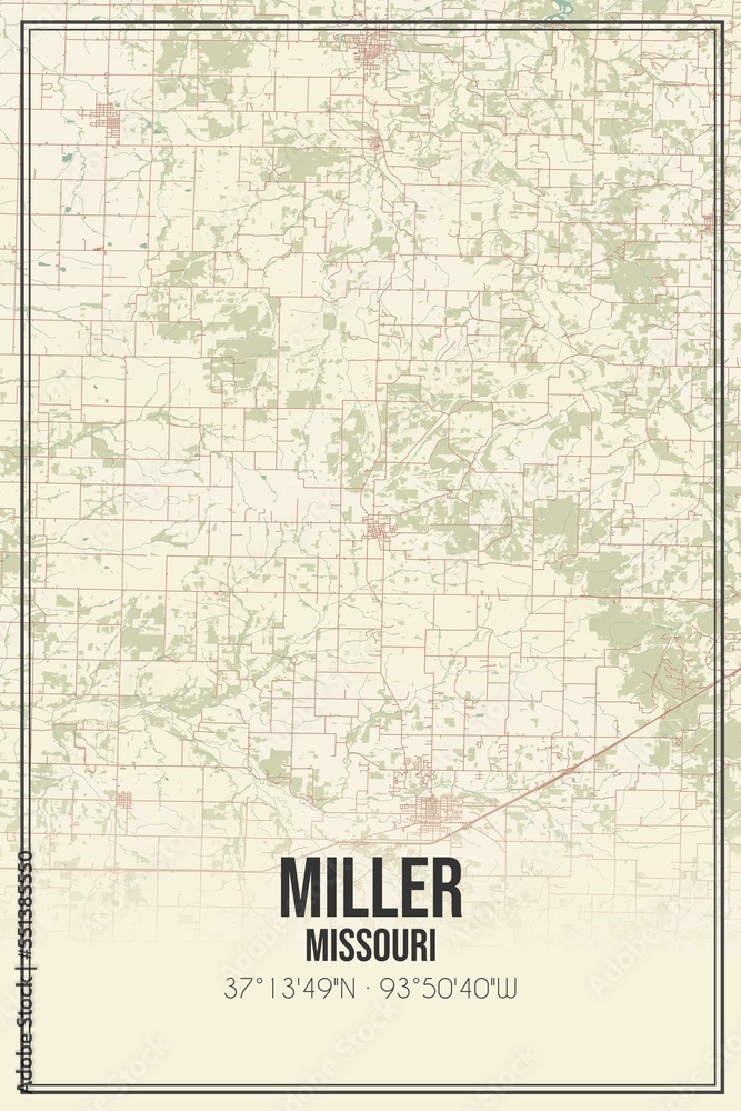 Retro US city map of Miller, Missouri. Vintage street map.