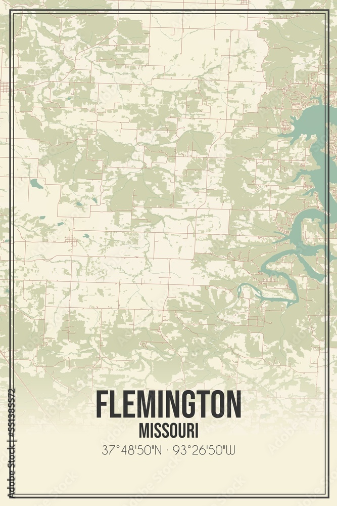 Retro US city map of Flemington, Missouri. Vintage street map.