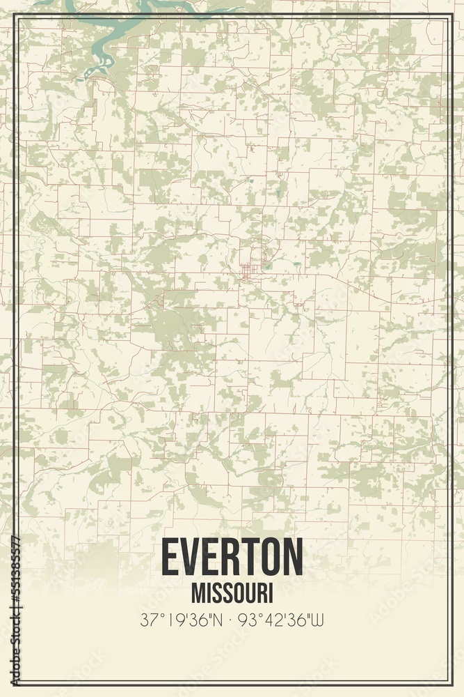 Retro US city map of Everton, Missouri. Vintage street map.