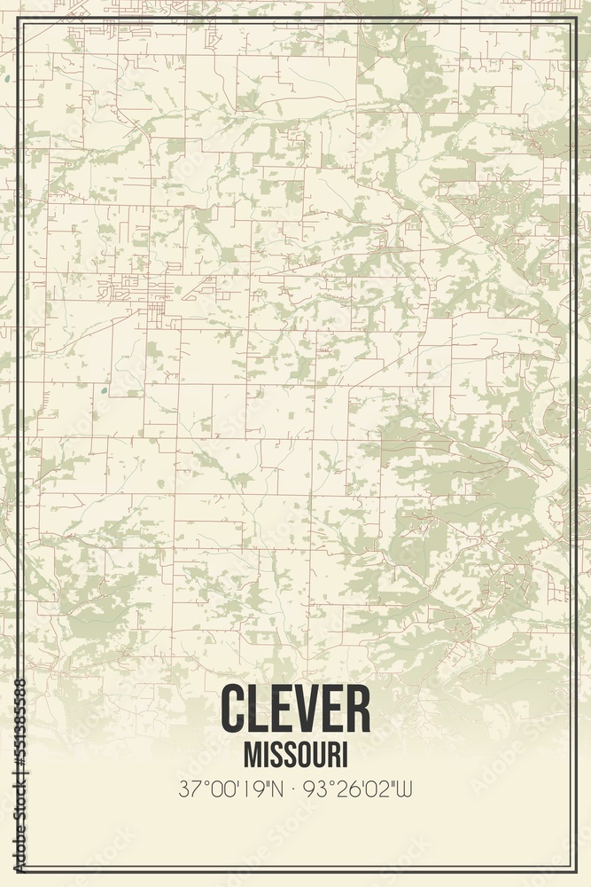 Retro US city map of Clever, Missouri. Vintage street map.
