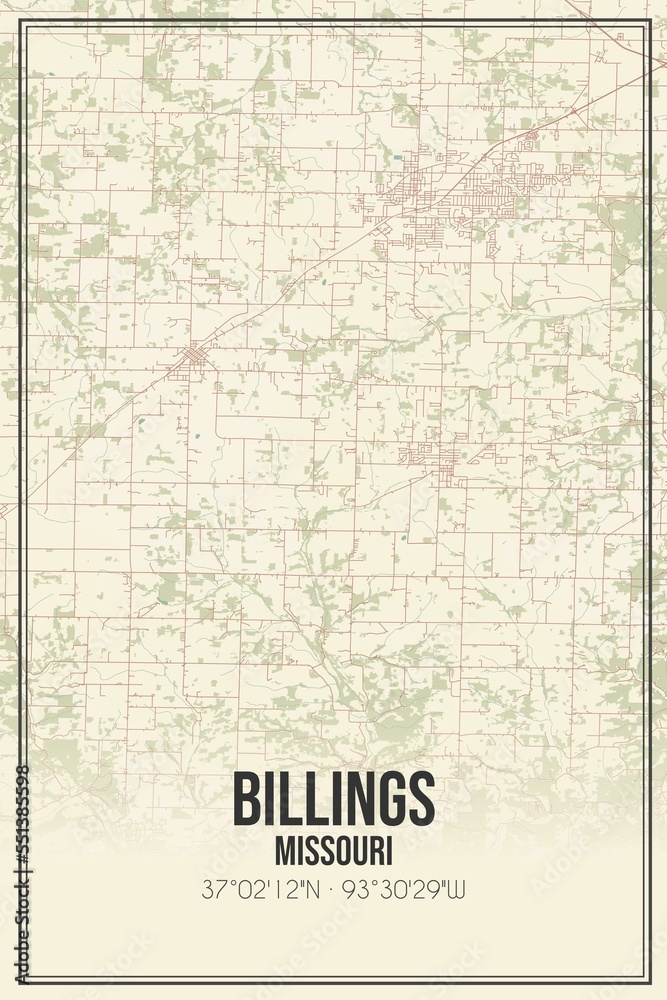Retro US city map of Billings, Missouri. Vintage street map.