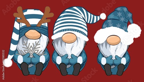 Hand drawn set of cute winter snowflake holiday gnomes wearing blue on an isolated Christmas red background. 