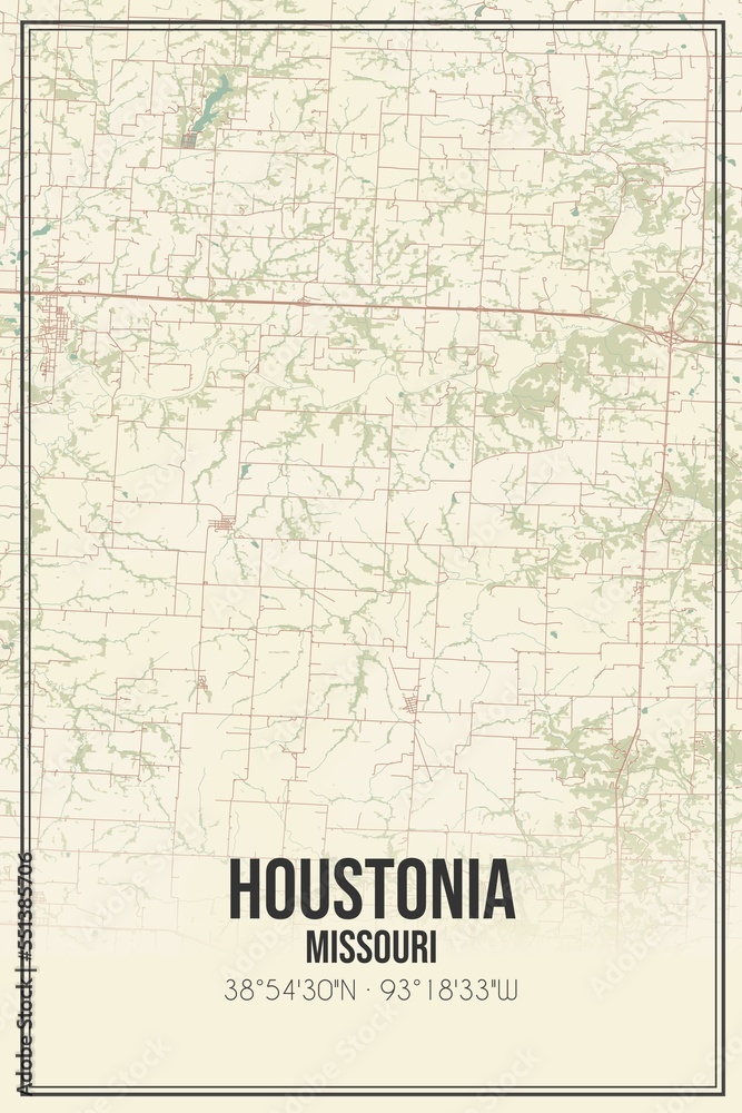 Retro US city map of Houstonia, Missouri. Vintage street map.