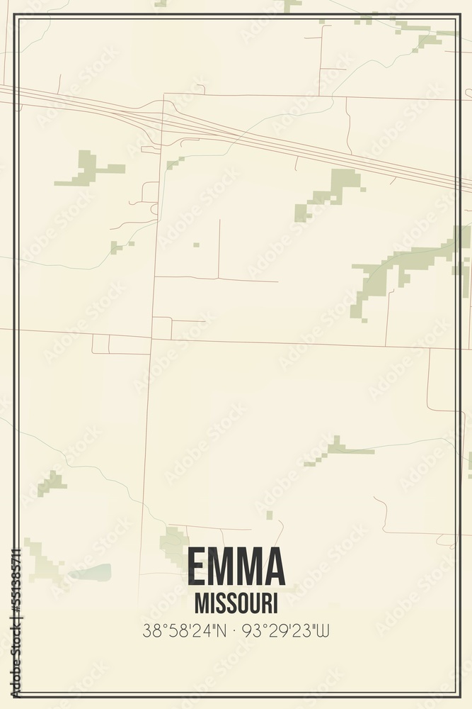 Retro US city map of Emma, Missouri. Vintage street map.