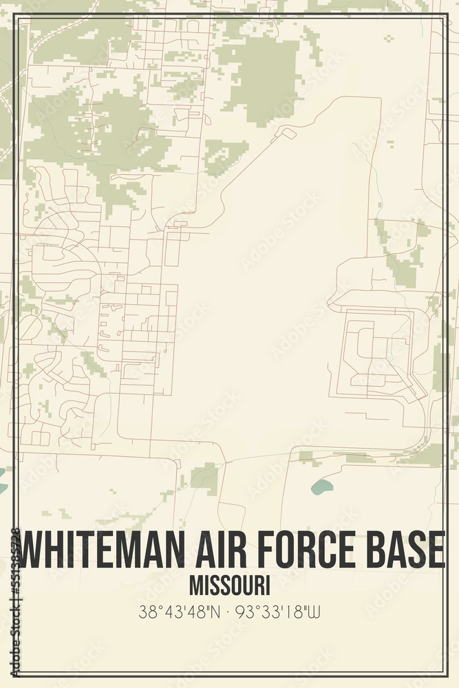 Retro US city map of Whiteman Air Force Base, Missouri. Vintage street map.