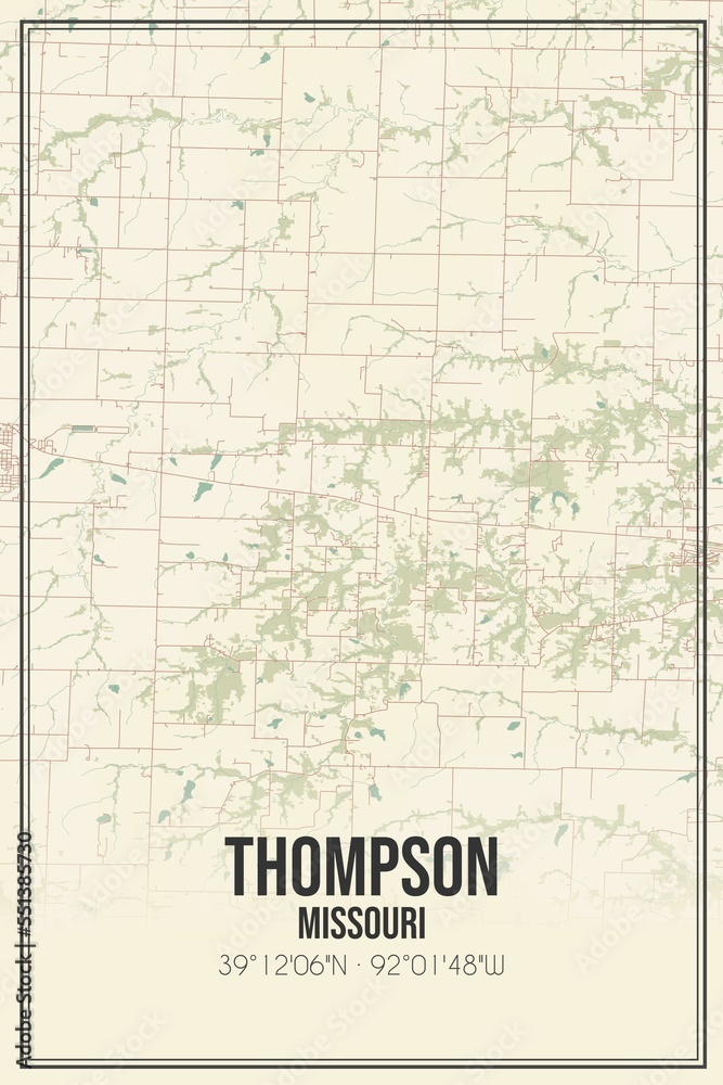 Retro US city map of Thompson, Missouri. Vintage street map.