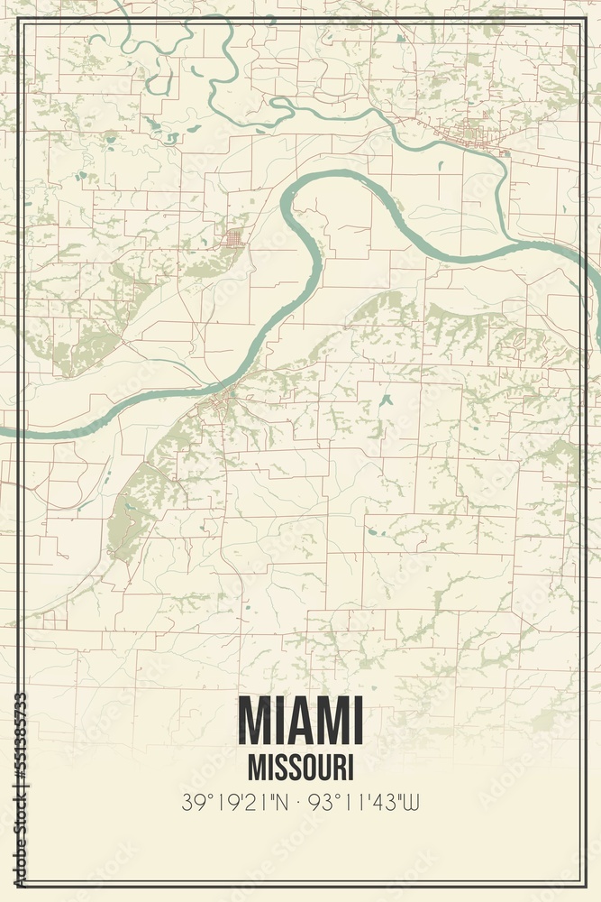 Obraz premium Retro US city map of Miami, Missouri. Vintage street map.