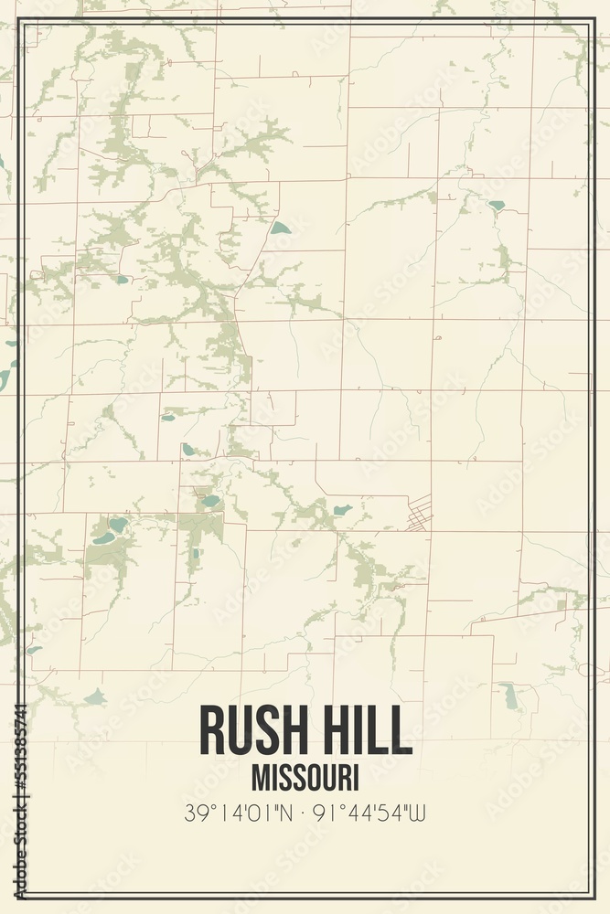 Retro US city map of Rush Hill, Missouri. Vintage street map.