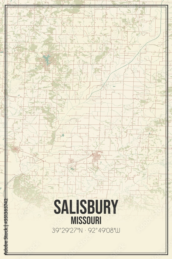 Retro US city map of Salisbury, Missouri. Vintage street map.