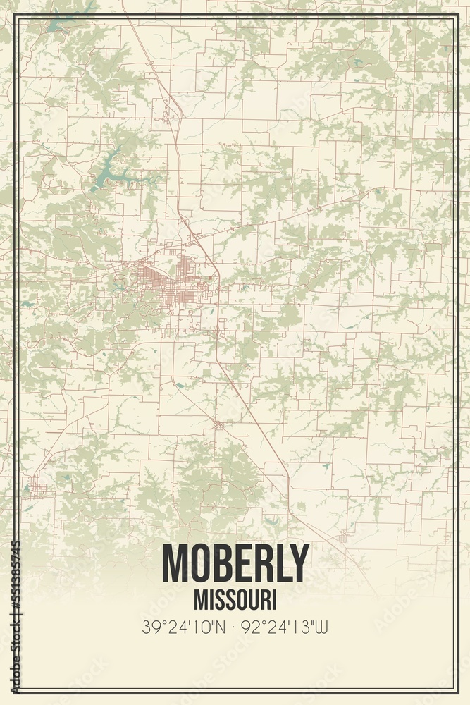 Retro US city map of Moberly, Missouri. Vintage street map.