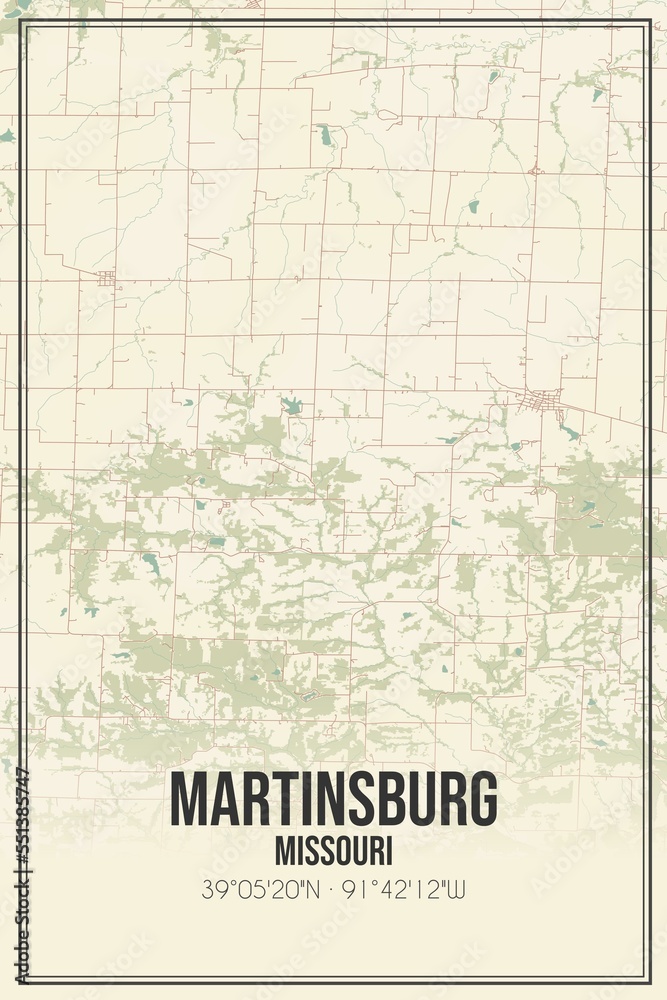 Retro US city map of Martinsburg, Missouri. Vintage street map.