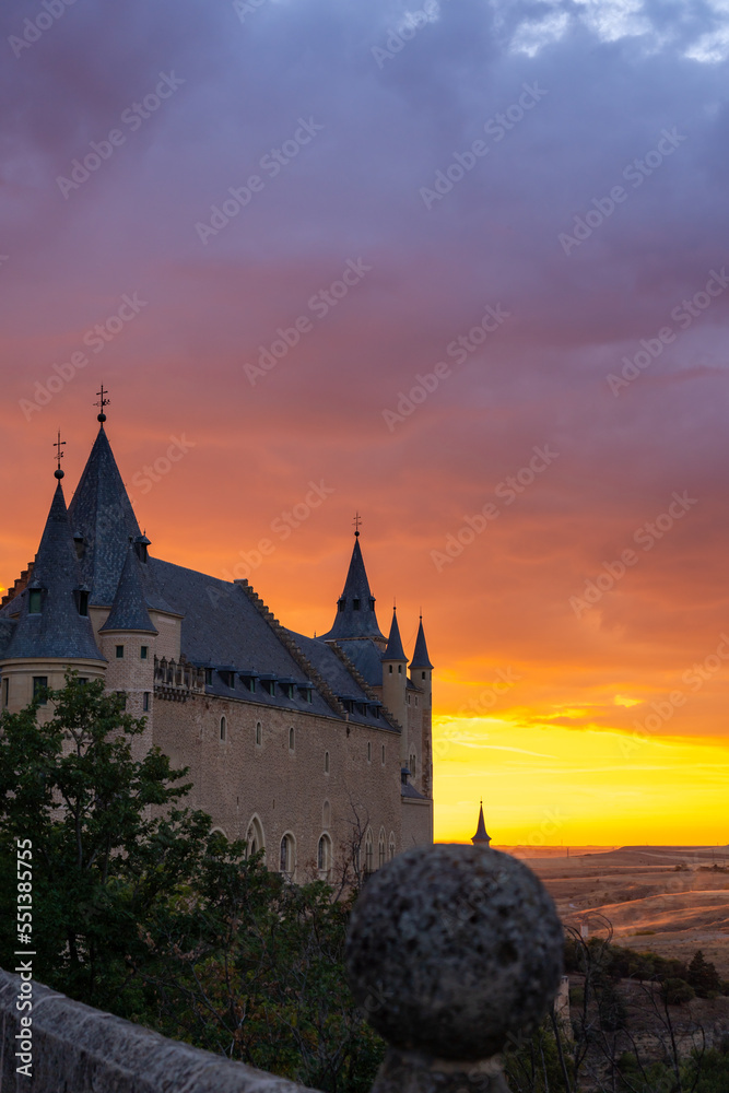View of the Alcazar de Segovia Castle with Sunset in the background