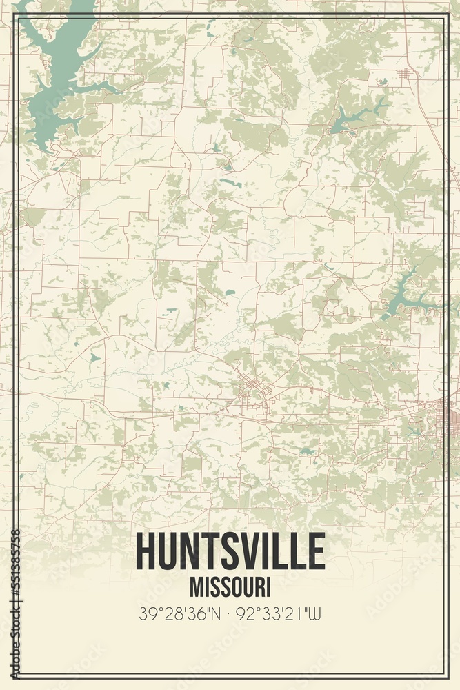 Retro US city map of Huntsville, Missouri. Vintage street map.