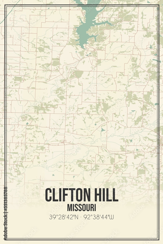Retro US city map of Clifton Hill, Missouri. Vintage street map.